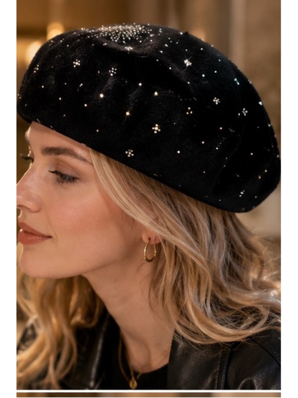 Black Velvet Beret with Crystal Accents - Women Accessories - Picture 2 of 4